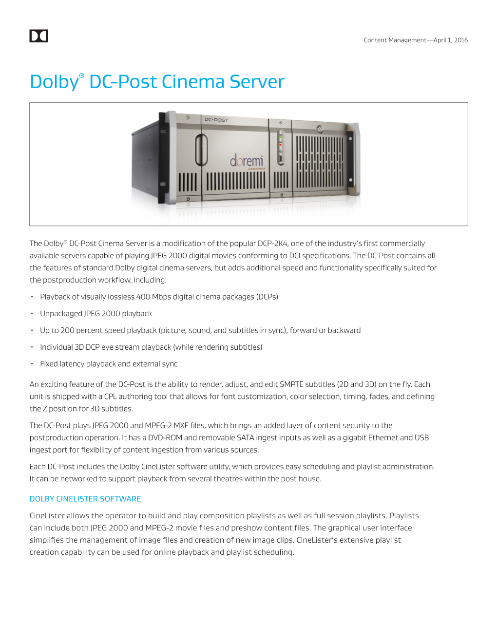 Dolby® DC-Post Cinema Server