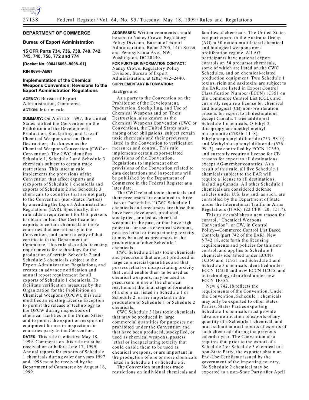 Federal Register/Vol. 64, No. 95/Tuesday, May 18, 1999/Rules