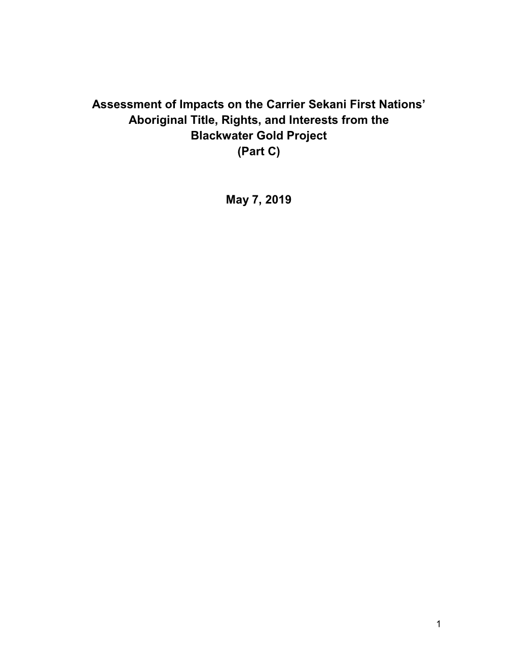 Assessment of Impacts on the Carrier Sekani First Nations' Aboriginal