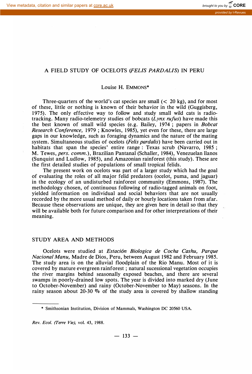 A Field Study of Ocelots (Pelis Pa Rdalis) in Peru