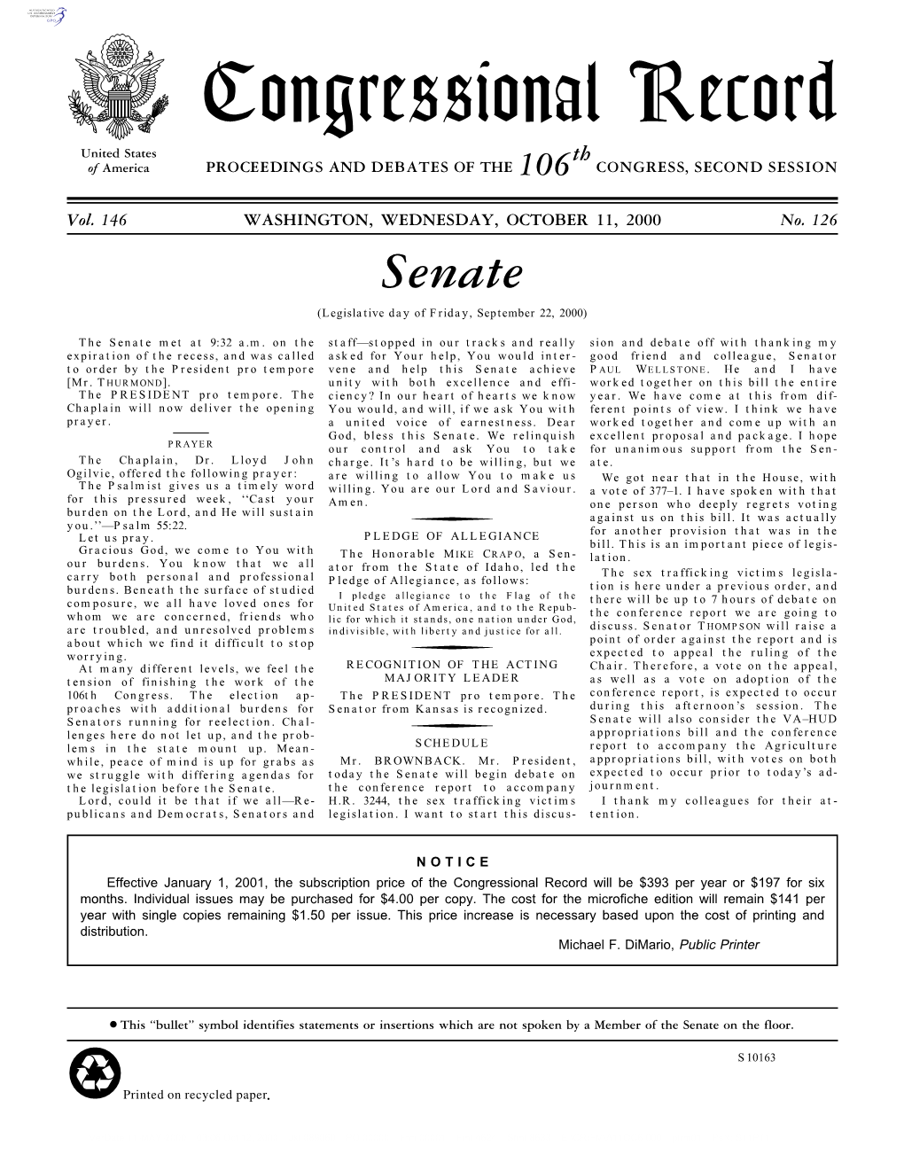 Congressional Record United States Th of America PROCEEDINGS and DEBATES of the 106 CONGRESS, SECOND SESSION