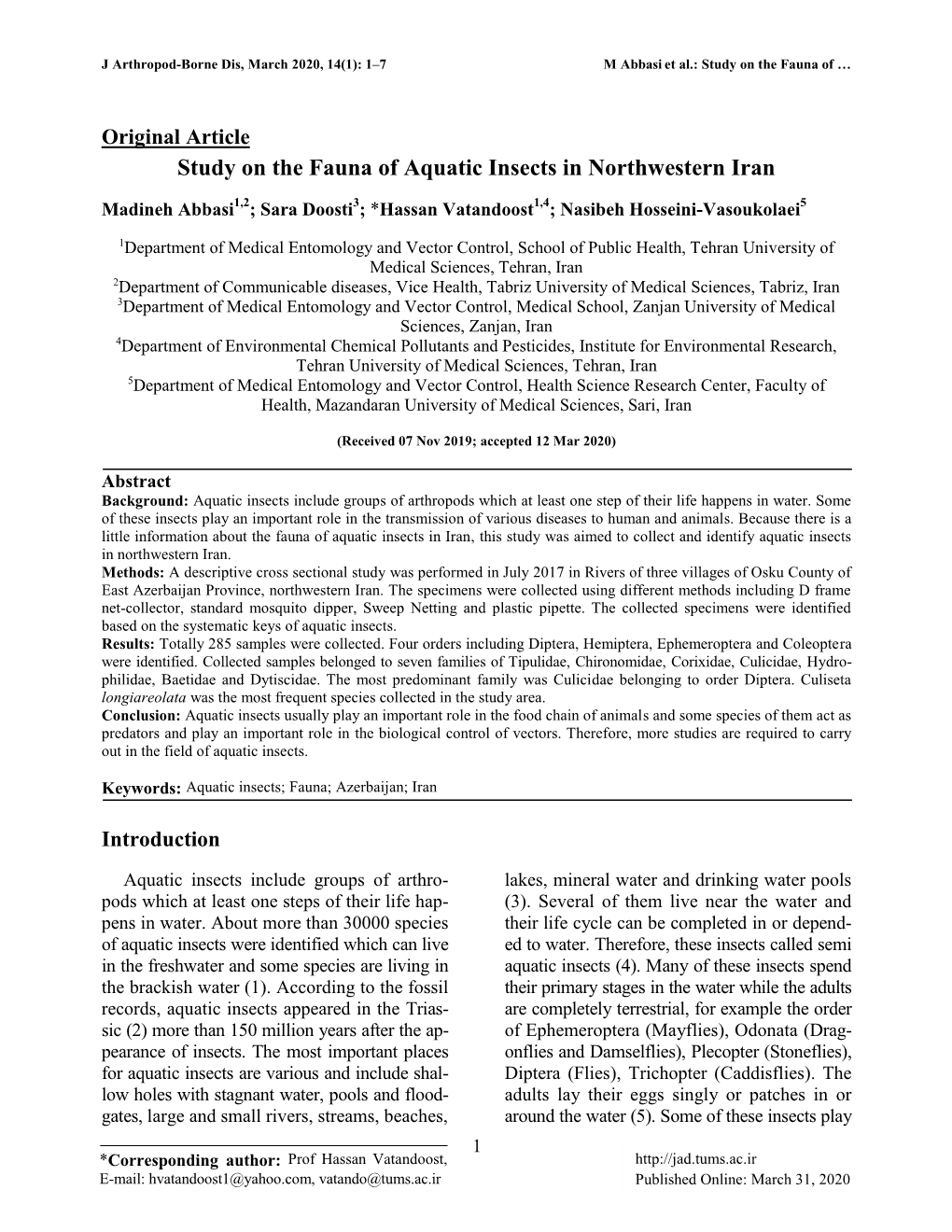 Study on the Fauna of Aquatic Insects in Northwestern Iran