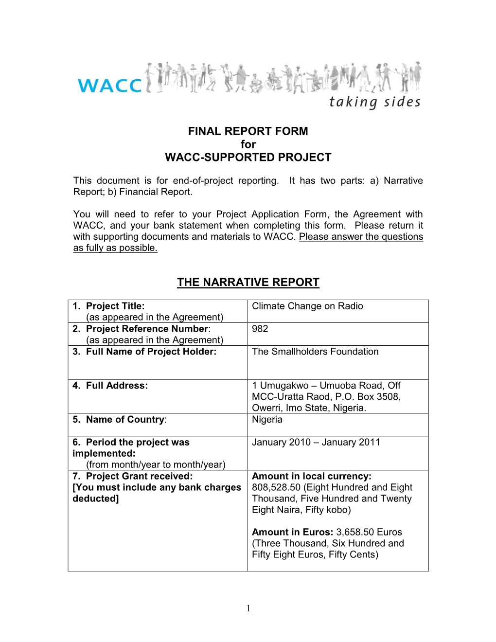 FINAL REPORT FORM for WACC-SUPPORTED PROJECT