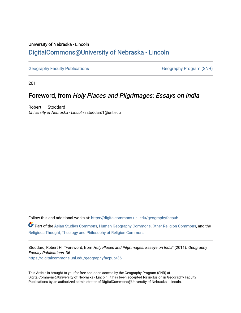 Foreword, from Holy Places and Pilgrimages: Essays on India