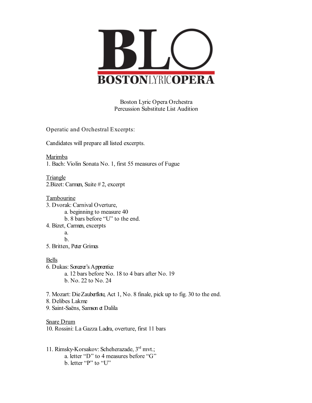 Boston Lyric Opera Orchestra Percussion Substitute List Audition