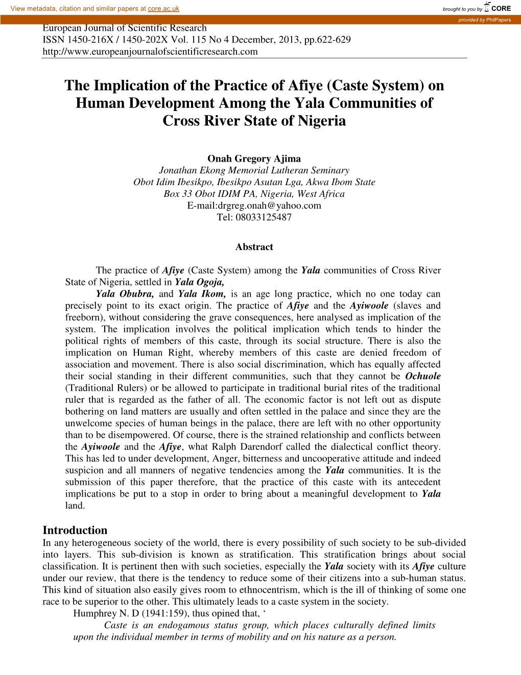The Implication of the Practice of Afiye (Caste System) on Human Development Among the Yala Communities of Cross River State of Nigeria