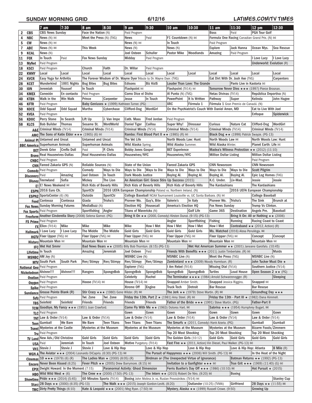 Sunday Morning Grid 6/12/16 Latimes.Com/Tv Times