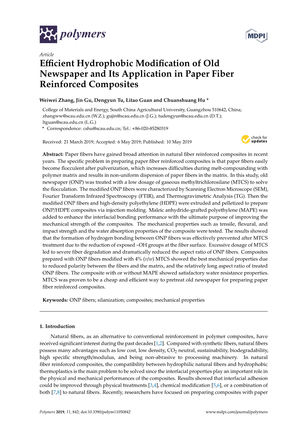 Efficient Hydrophobic Modification of Old Newspaper and Its Application