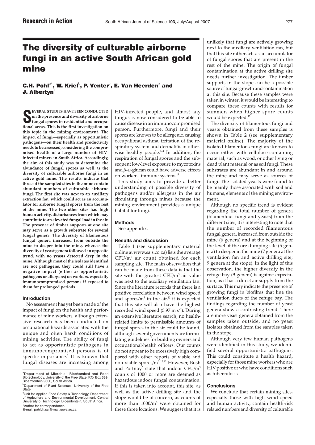 The Diversity of Culturable Airborne Fungi in an Active South African Gold Mine