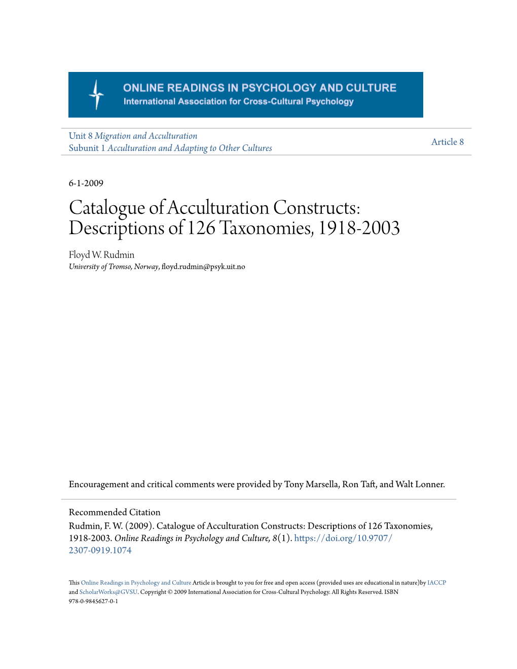 Catalogue of Acculturation Constructs: Descriptions of 126 Taxonomies, 1918-2003 Floyd W