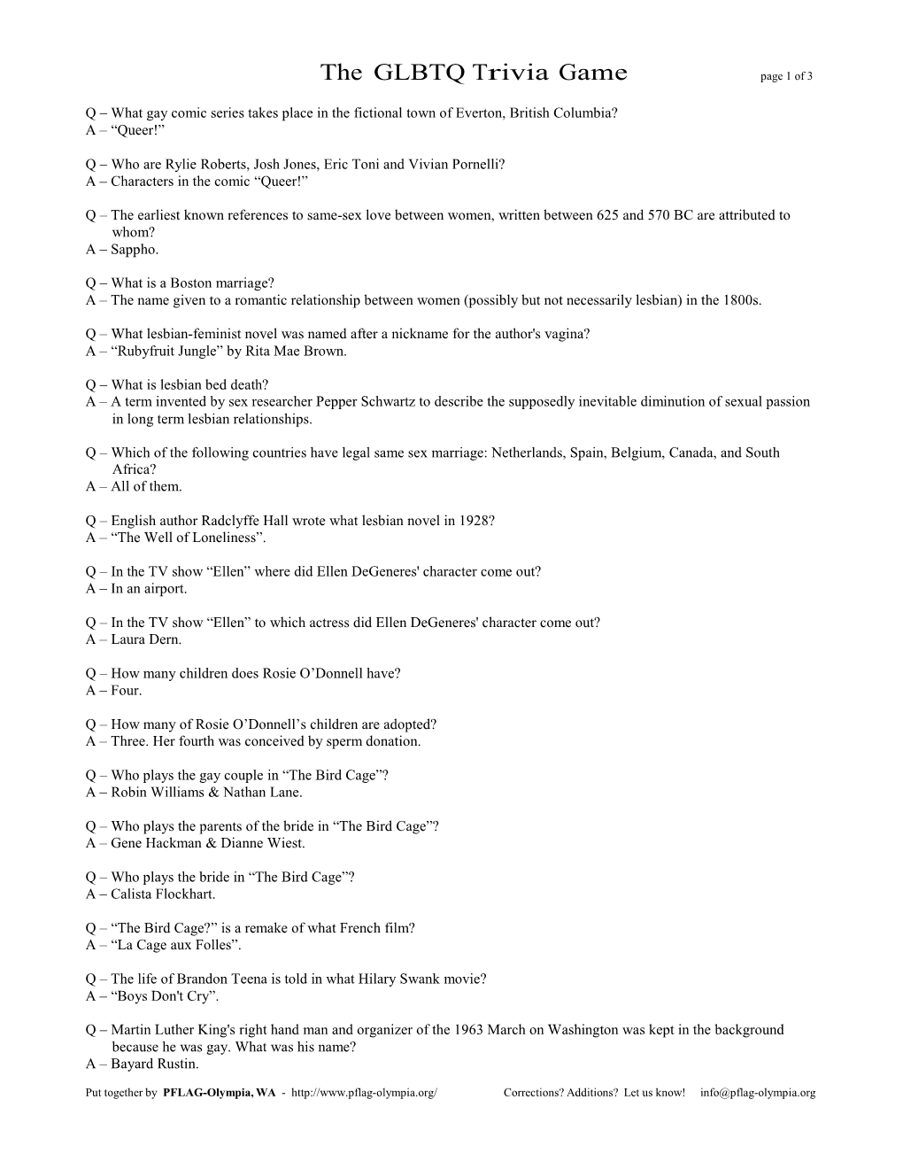 The GLBTQ Trivia Game Page 1 of 3