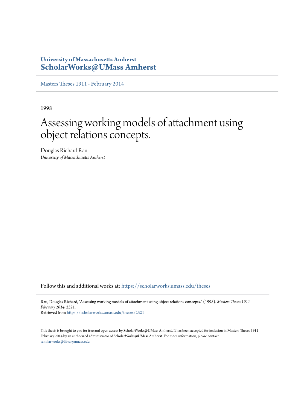 Assessing Working Models of Attachment Using Object Relations Concepts