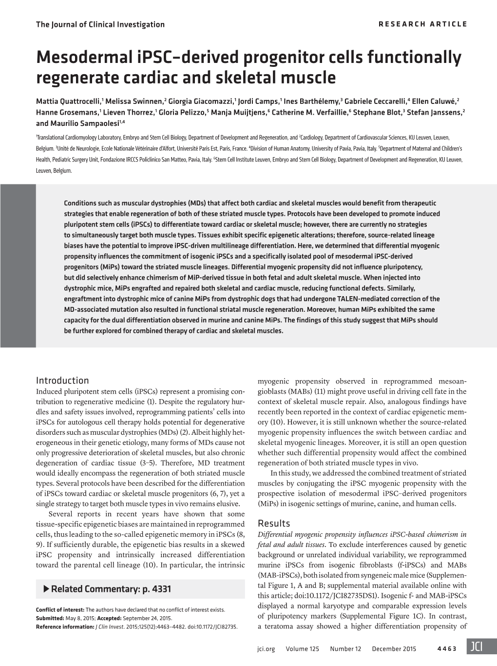 Mesodermal Ipsc–Derived Progenitor Cells Functionally Regenerate Cardiac and Skeletal Muscle