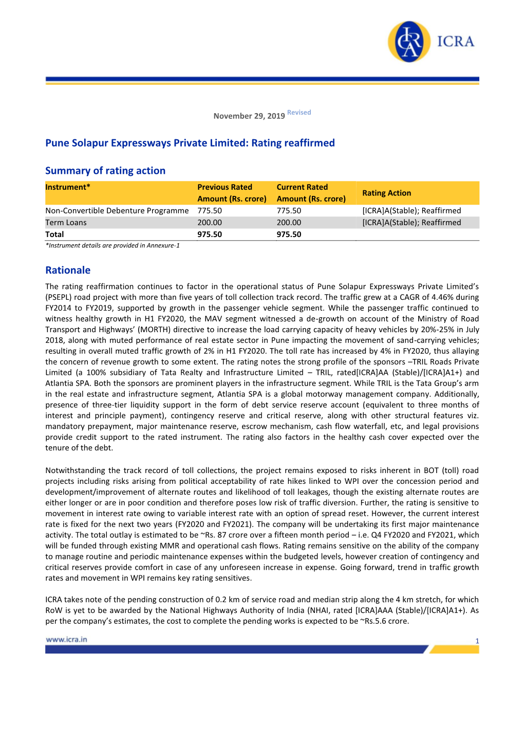 Pune Solapur Expressways Private Limited: Rating Reaffirmed Summary