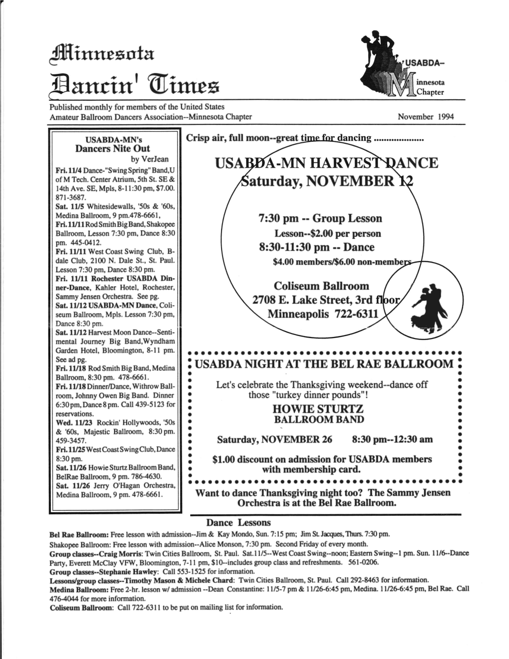 $Inn*Nsta USABDA- &Rrtrint @Imtx Rnnesotaa Published Monthly for Members of the United States Amateur Ballroom Dancers Association--Minnesota Chapter November 1994