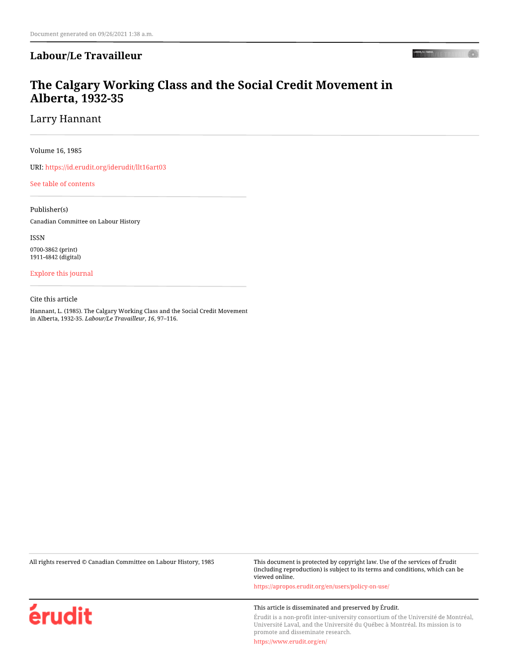 The Calgary Working Class and the Social Credit Movement in Alberta, 1932-35 Larry Hannant