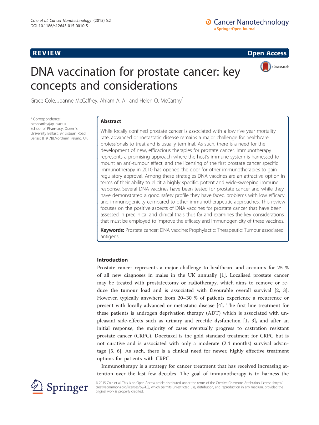 DNA Vaccination for Prostate Cancer: Key Concepts and Considerations Grace Cole, Joanne Mccaffrey, Ahlam A