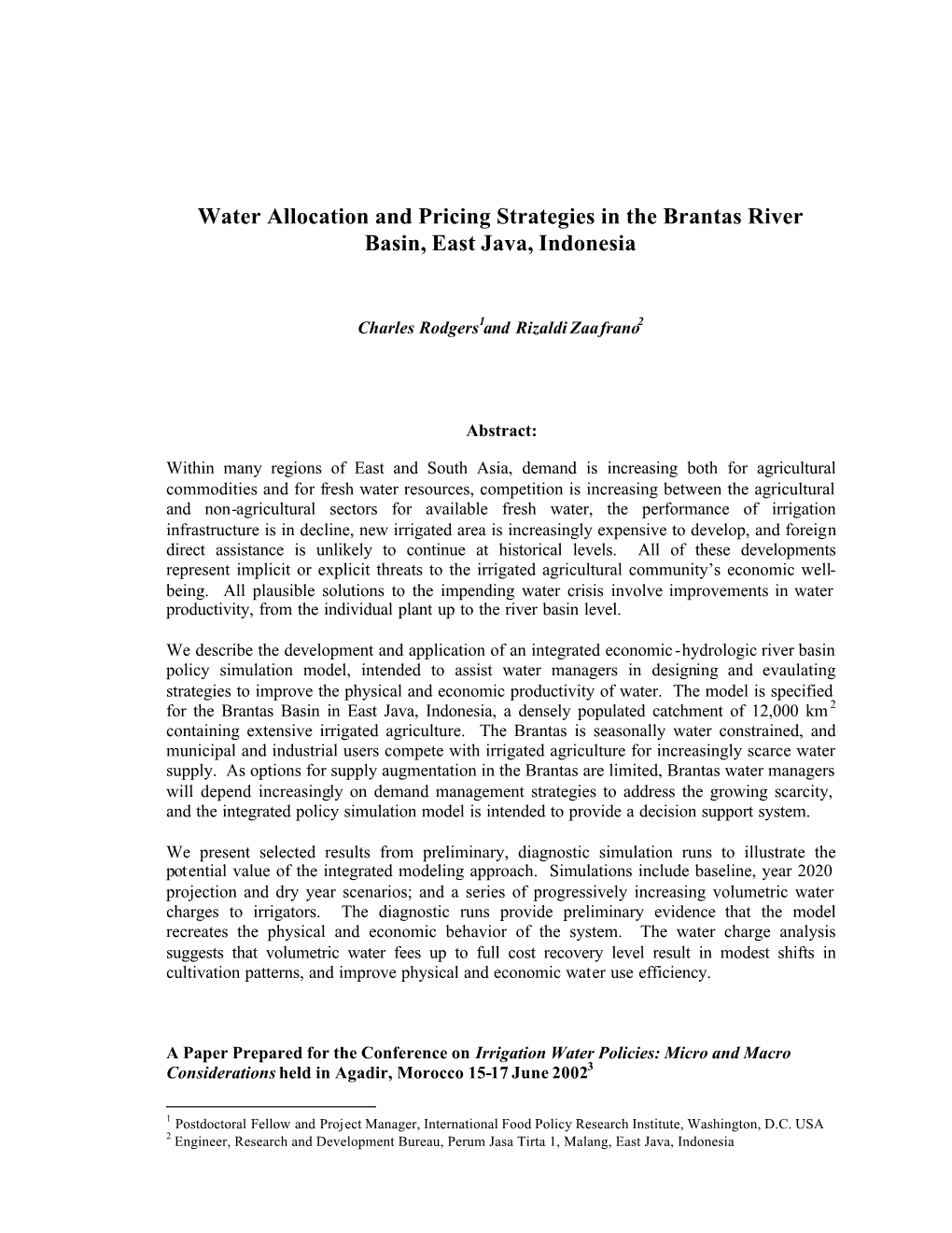 Water Allocation and Pricing Strategies in the Brantas River Basin, East Java, Indonesia