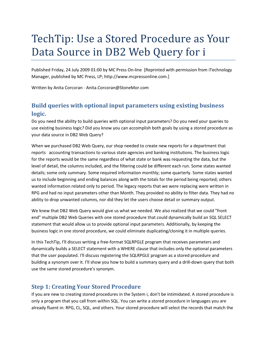 Techtip: Use a Stored Procedure As Your Data Source in DB2 Web Query for I