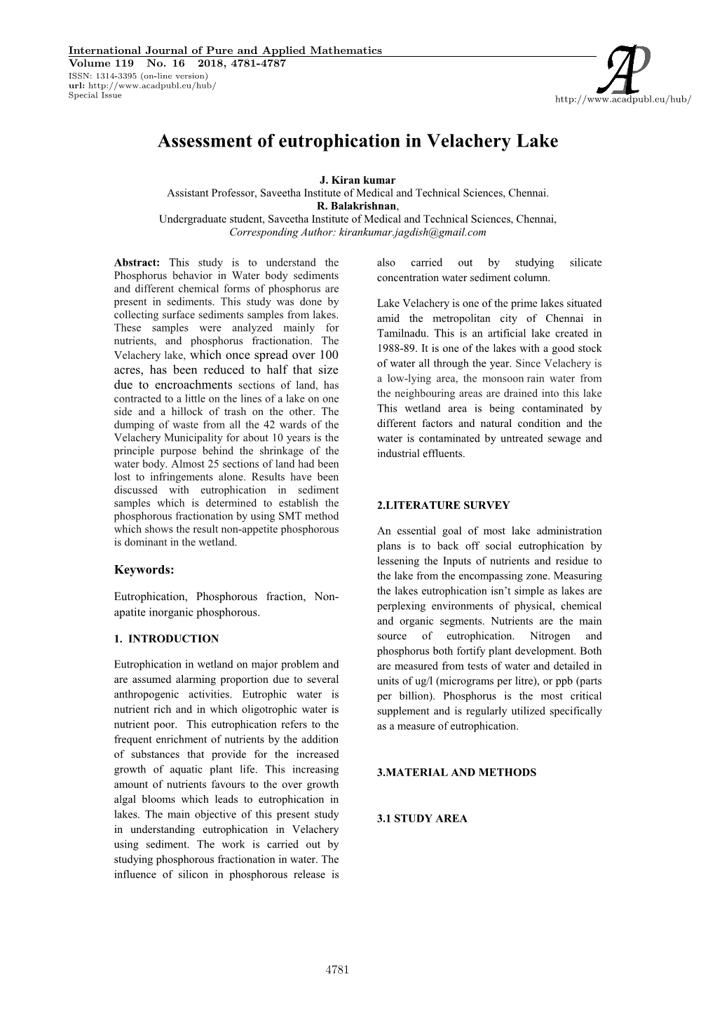 Assessment of Eutrophication in Velachery Lake