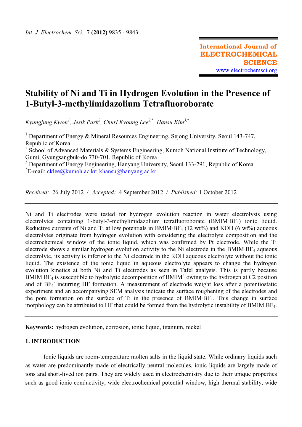 Stability of Ni and Ti in Hydrogen Evolution in the Presence of 1-Butyl-3-Methylimidazolium Tetrafluoroborate