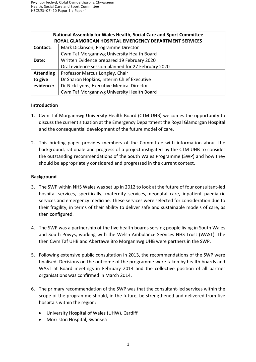 Paper 1: Cwm Taf Morgannwg University Health Board , Item 2