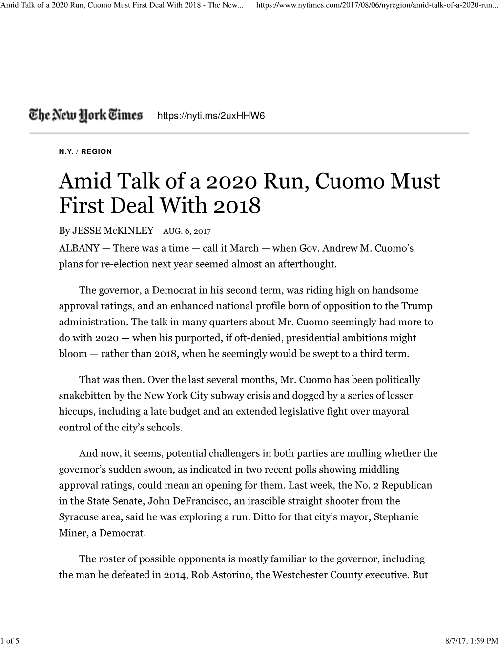 Amid Talk of a 2020 Run, Cuomo Must First Deal with 2018 - the New