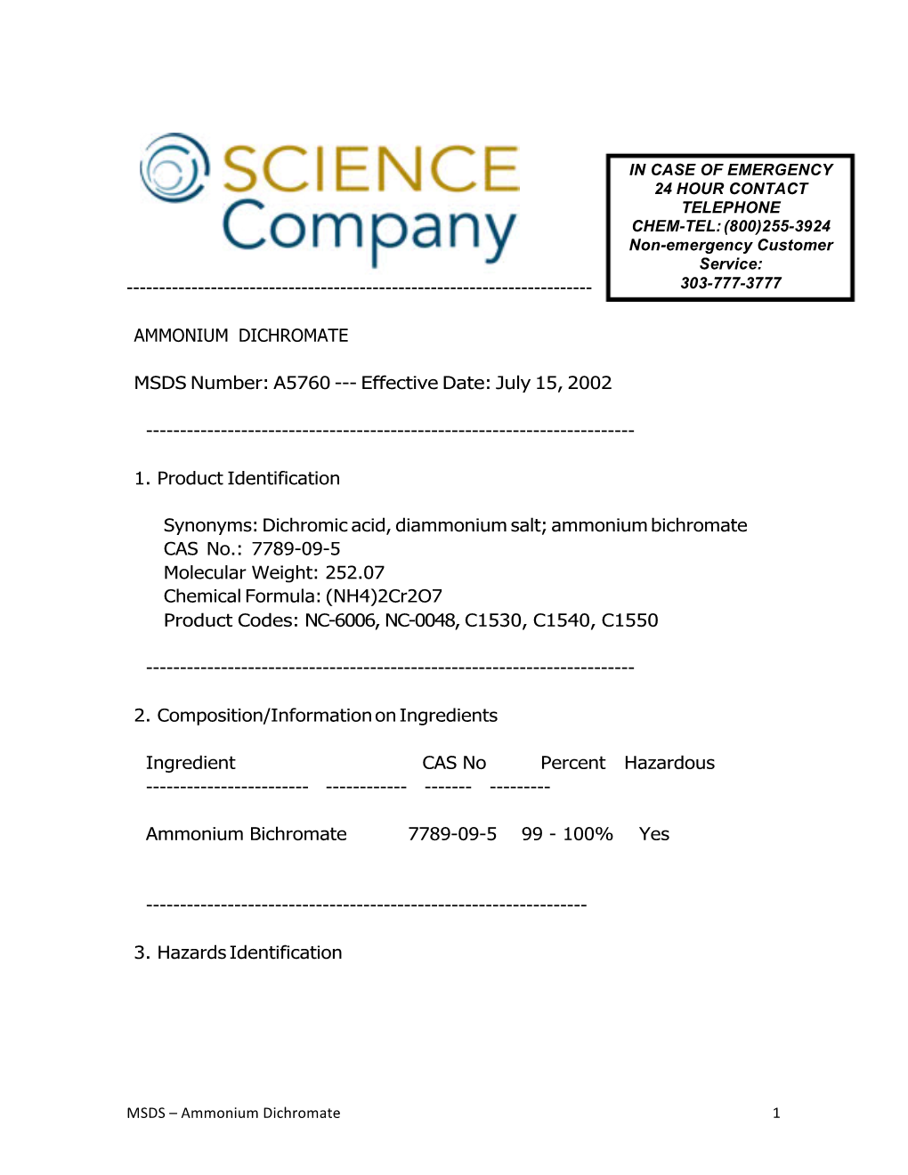 Ammonium Dichromate MSDS