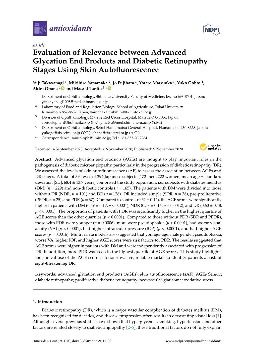 Evaluation of Relevance Between Advanced Glycation End Products and Diabetic Retinopathy Stages Using Skin Autoﬂuorescence