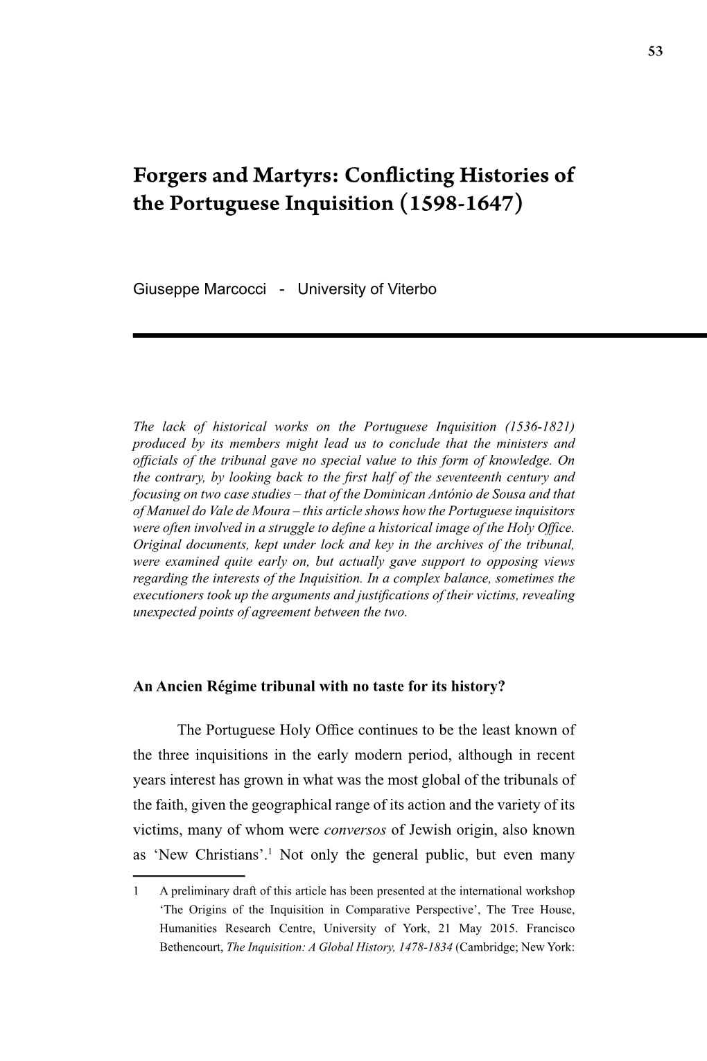 Forgers and Martyrs: Conflicting Histories of the Portuguese Inquisition (1598-1647)