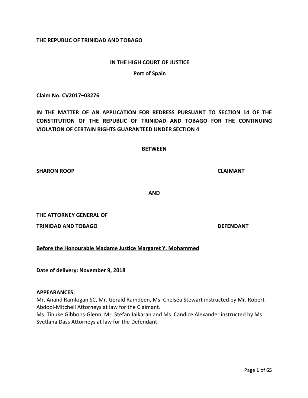 The Republic of Trinidad and Tobago in the High Court Of