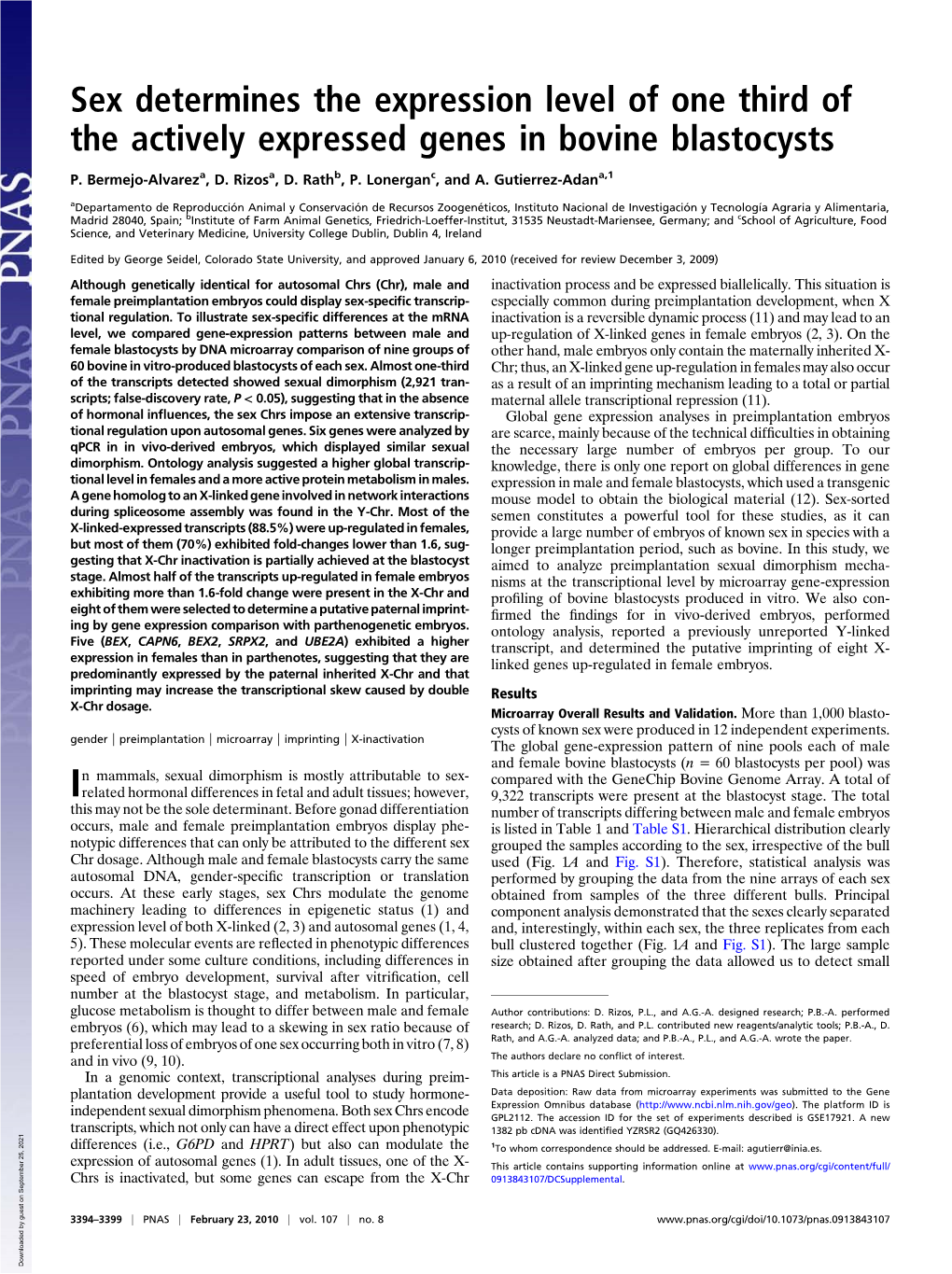 Sex Determines the Expression Level of One Third of the Actively Expressed Genes in Bovine Blastocysts