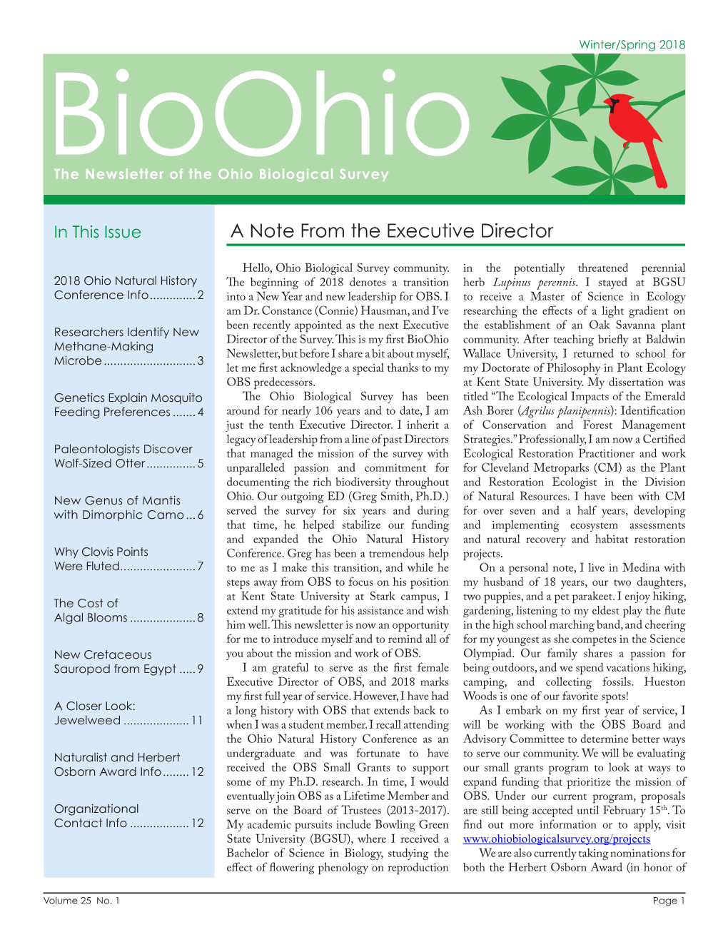 Winter/Spring 2018 Bioohio the Newsletter of the Ohio Biological Survey