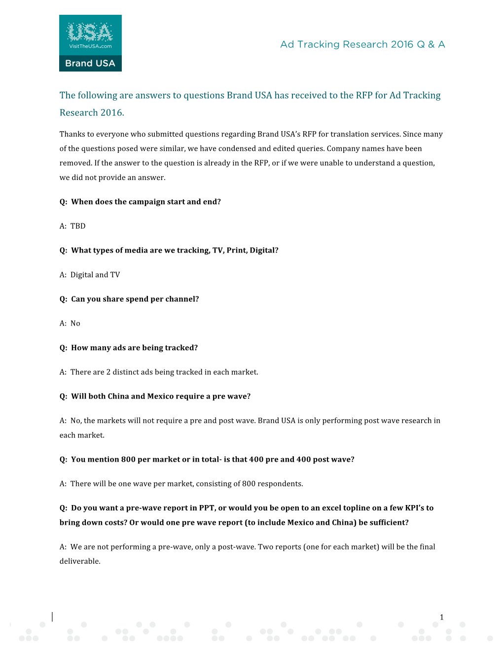 Ad Tracking Research 2016 Q & a the Following Are Answers To