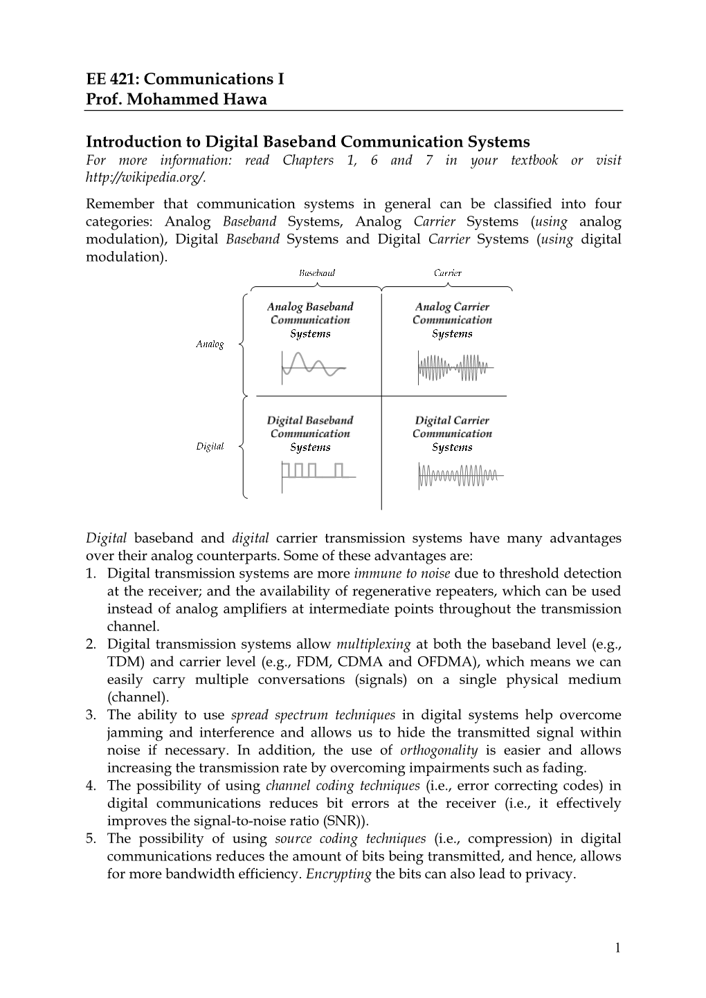 Digital Baseband Communication Systems for More Information: Read Chapters 1, 6 and 7 in Your Textbook Or Visit