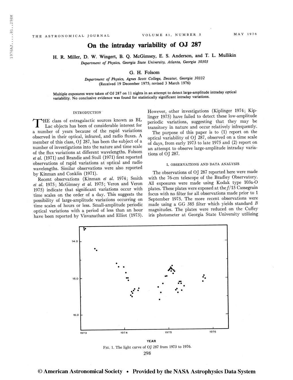 1976AJ 81. . 2 98M the ASTRONOMICAL JOURNAL VOLUME 81, NUMBER 5 MAY 1976 on the Intraday Variability of OJ 287 H. R. Miller, D