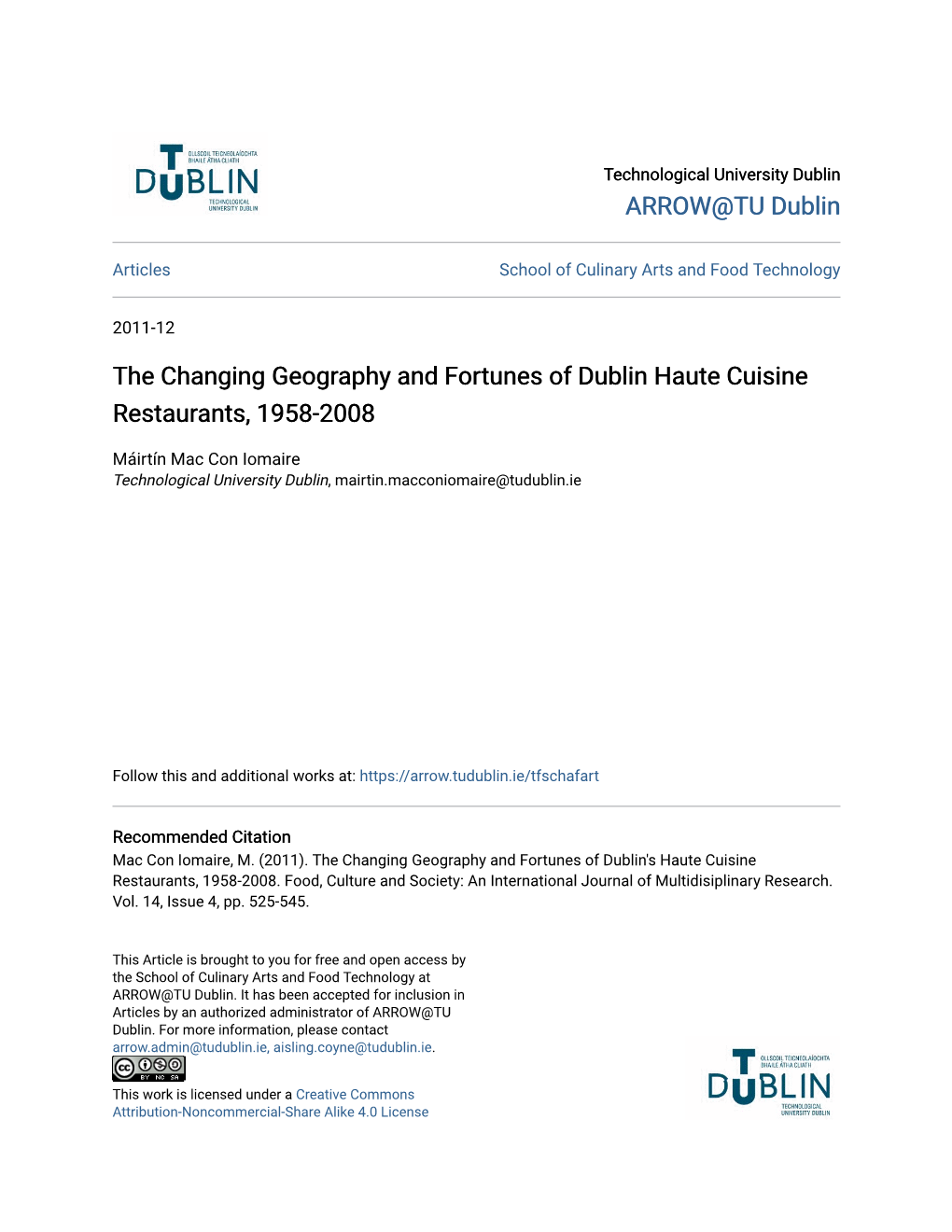 The Changing Geography and Fortunes of Dublin Haute Cuisine Restaurants, 1958-2008