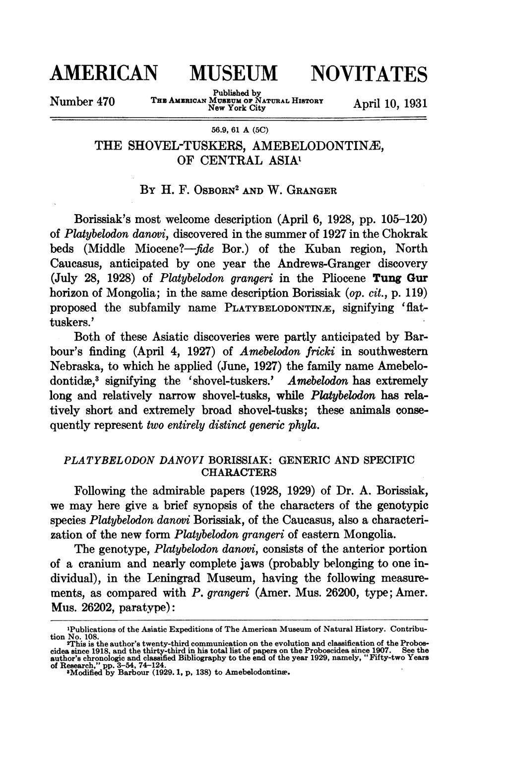 AMERICAN MUSEUM NOVITATES Published by Number 470 Thz AMERICAN Newmuszumyorkofcitynatural HISTORY April 10, 1931