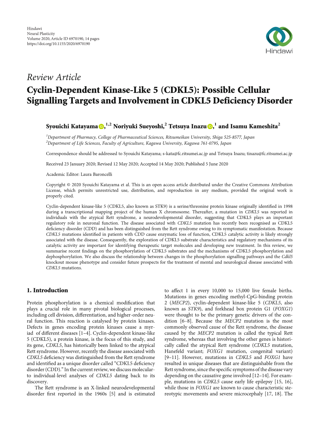 Review Article Cyclin-Dependent Kinase-Like 5 (CDKL5): Possible Cellular Signalling Targets and Involvement in CDKL5 Deficiency Disorder