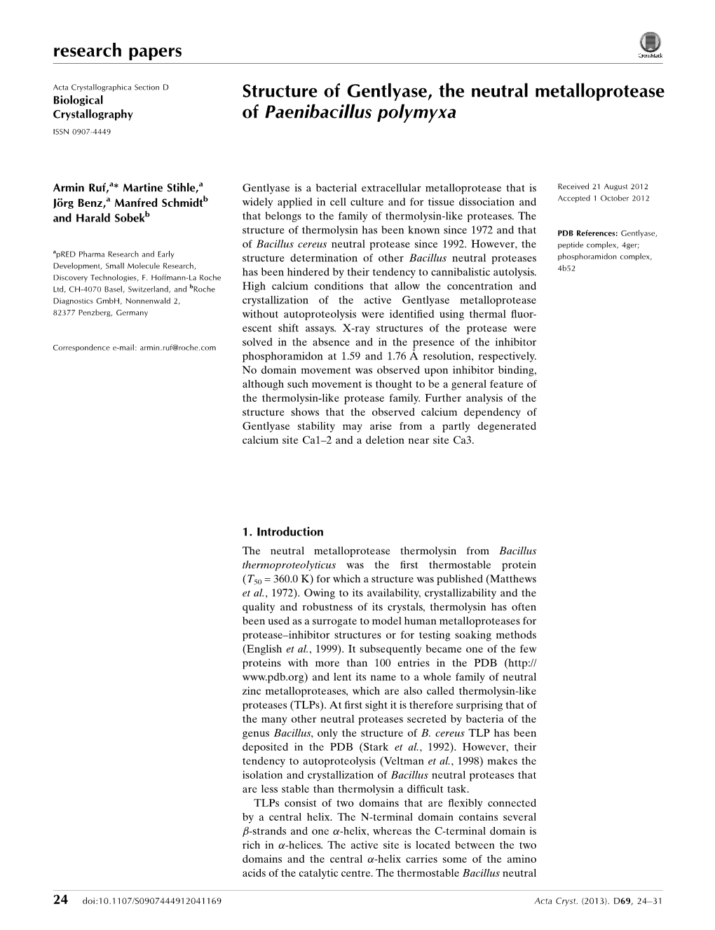 Structure of Gentlyase, the Neutral Metalloprotease of Paenibacillus