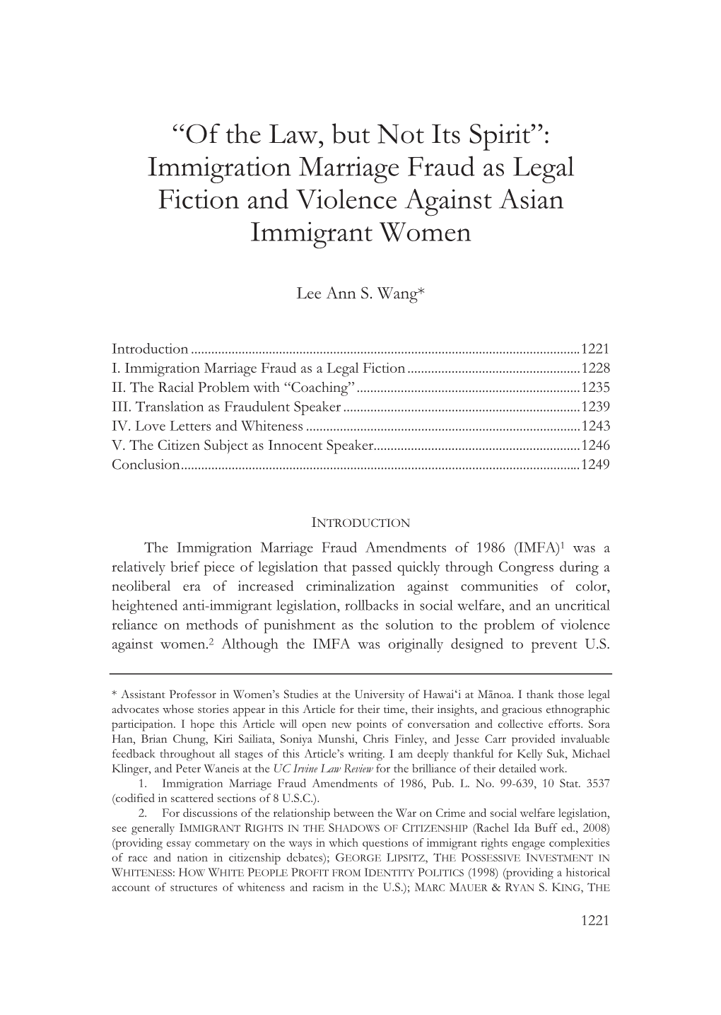 “Of the Law, but Not Its Spirit”: Immigration Marriage Fraud As Legal Fiction and Violence Against Asian Immigrant Women