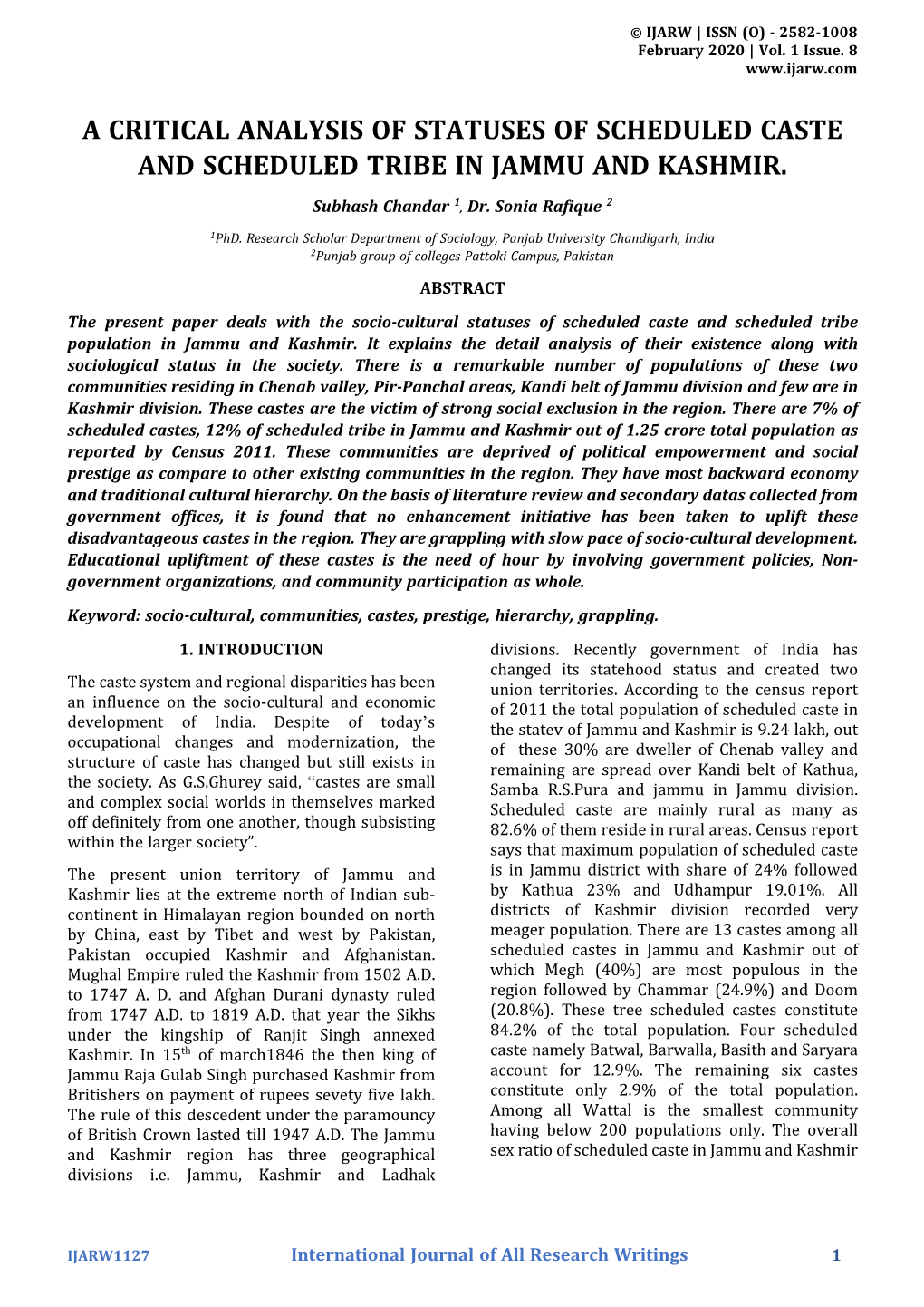 A Critical Analysis of Statuses of Scheduled Caste and Scheduled Tribe in Jammu and Kashmir