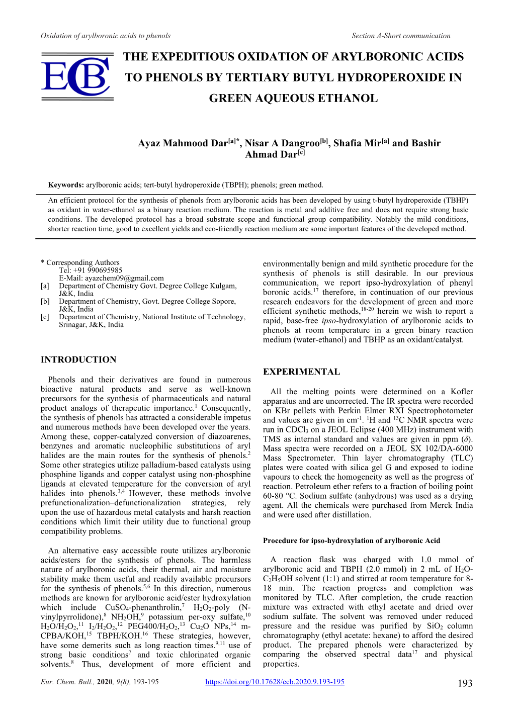 The Expeditious Oxidation of Arylboronic Acids to Phenols by Tertiary Butyl Hydroperoxide in Green Aqueous Ethanol