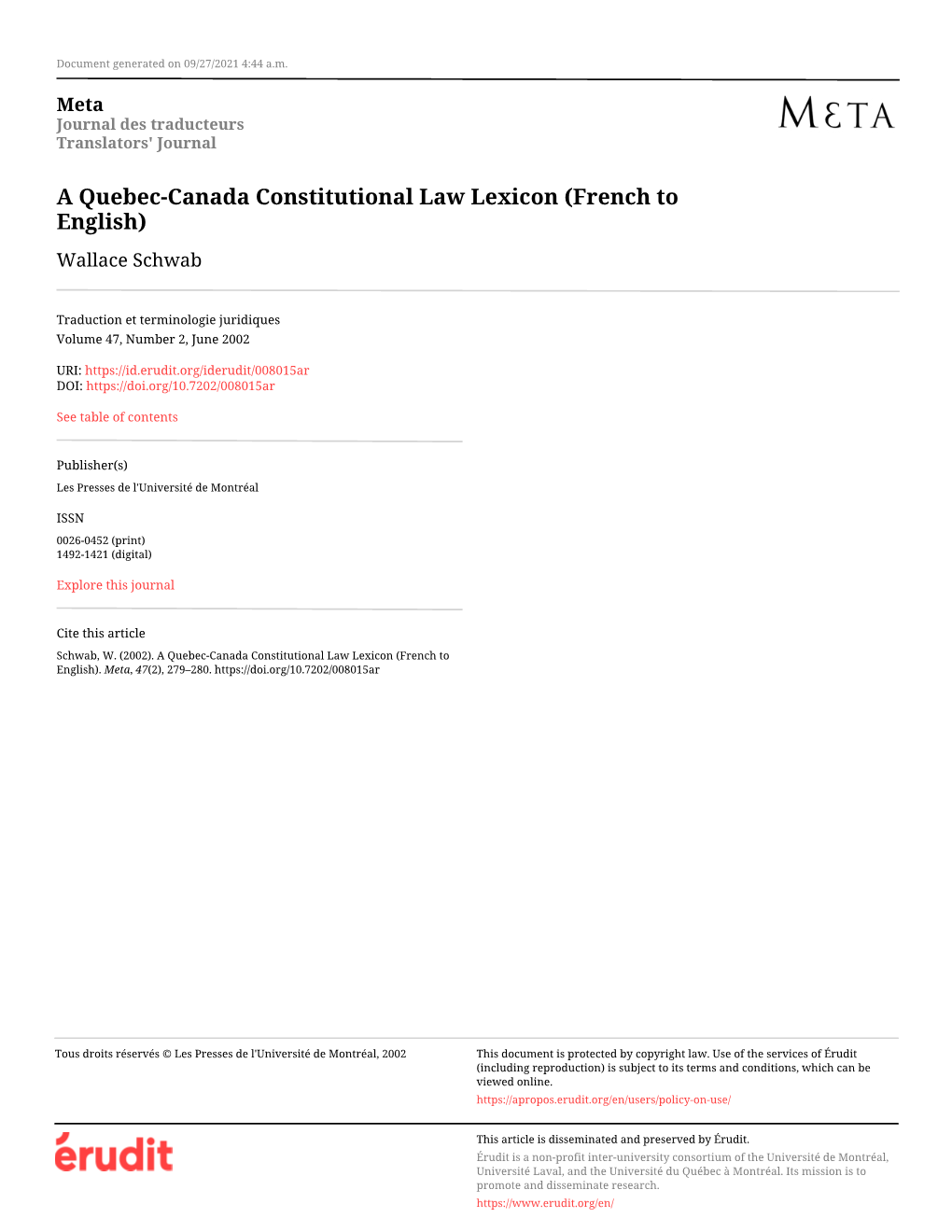 A Quebec-Canada Constitutional Law Lexicon (French to English) Wallace Schwab