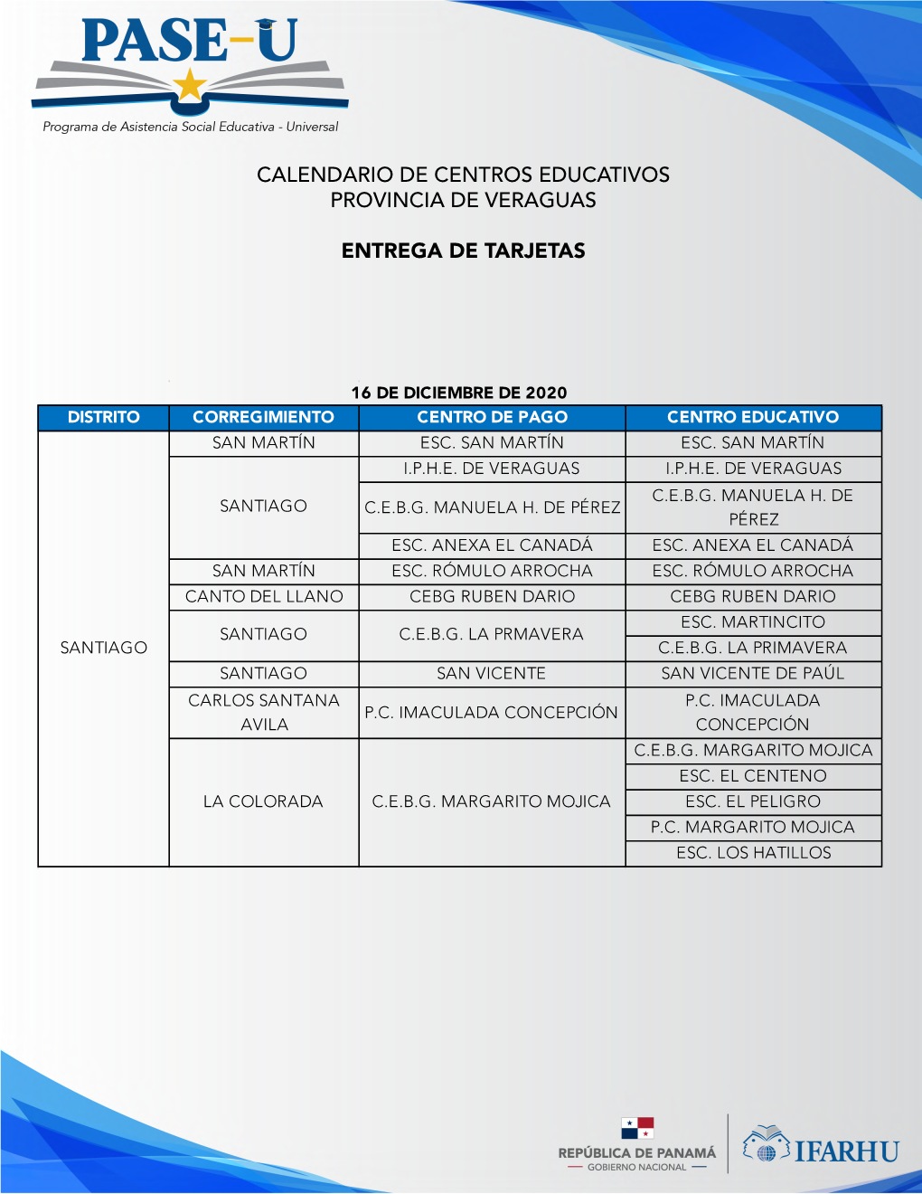 Calendario De Centros Educativos Provincia De Veraguas