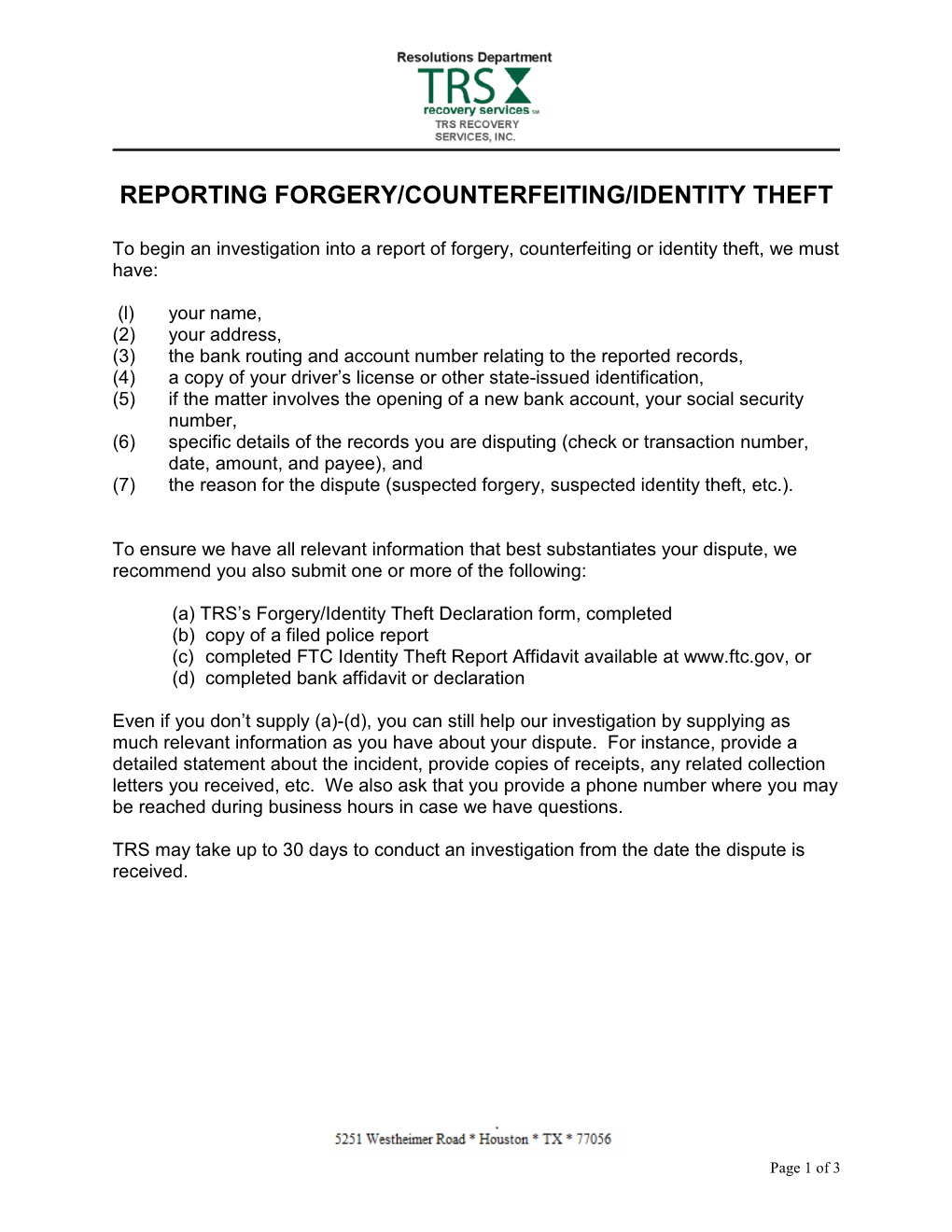 Reporting Forgery/Counterfeiting/Identity Theft