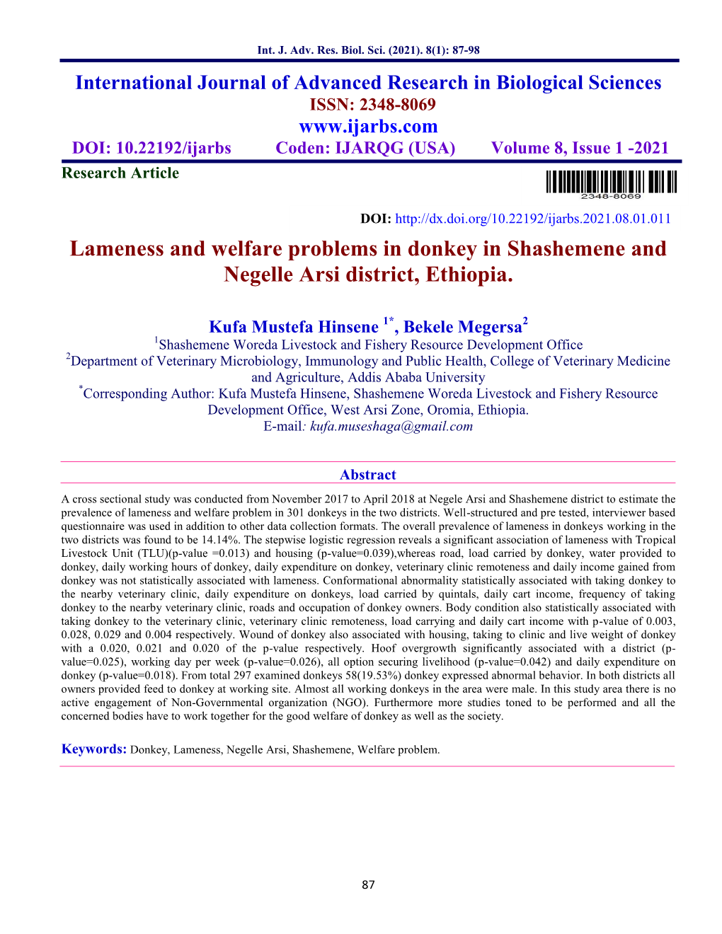 Lameness and Welfare Problems in Donkey in Shashemene and Negelle Arsi District, Ethiopia