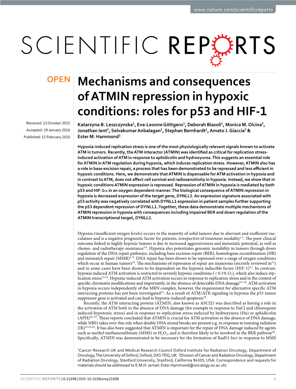 Mechanisms and Consequences of ATMIN Repression in Hypoxic Conditions: Roles for P53 and HIF-1 Received: 13 October 2015 Katarzyna B