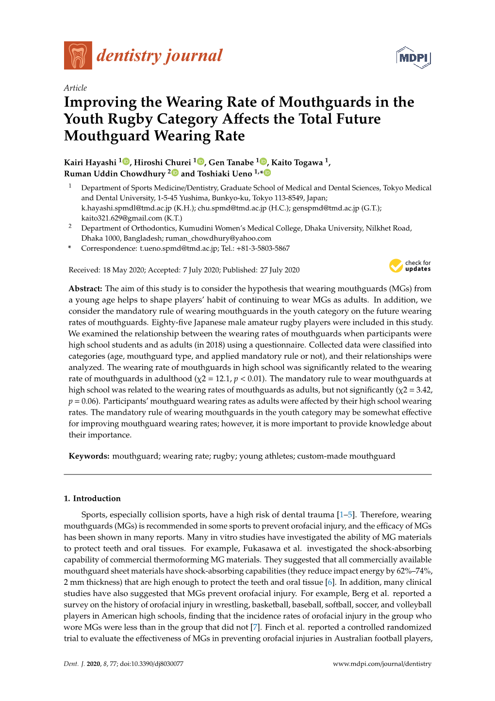 Improving the Wearing Rate of Mouthguards in the Youth Rugby Category Affects the Total Future Mouthguard Wearing Rate