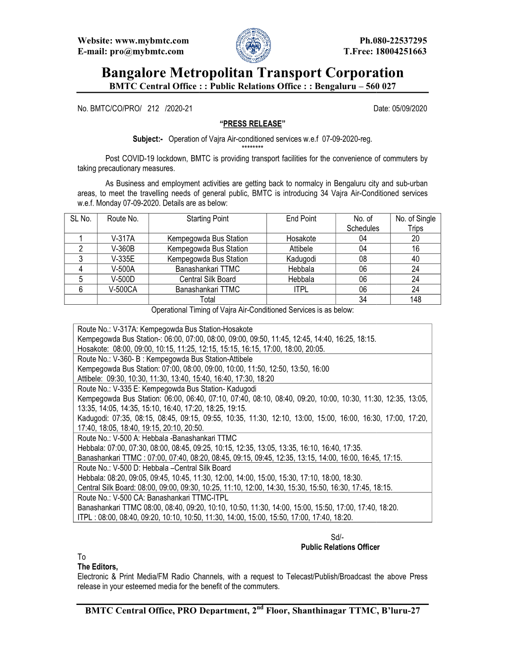 Operation of Vajra Air-Conditioned Services W.E.F 07-09-2020-Reg